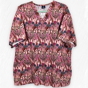Barco Uniforms Women's Pink Multi Floral 2-Pocket Scrub Top Size 2XL